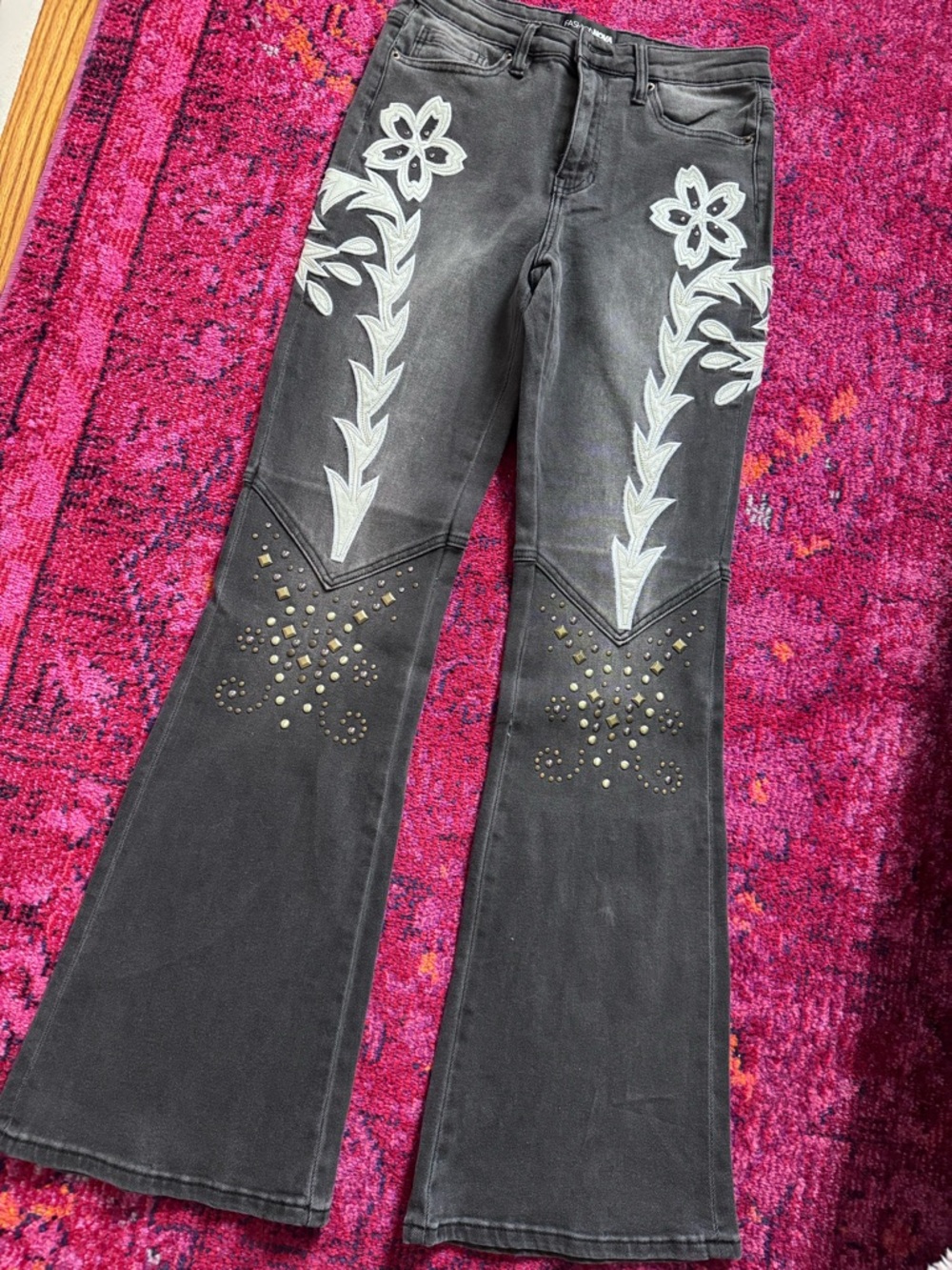 Black Embroidered Western Flare Jeans with Stud Details